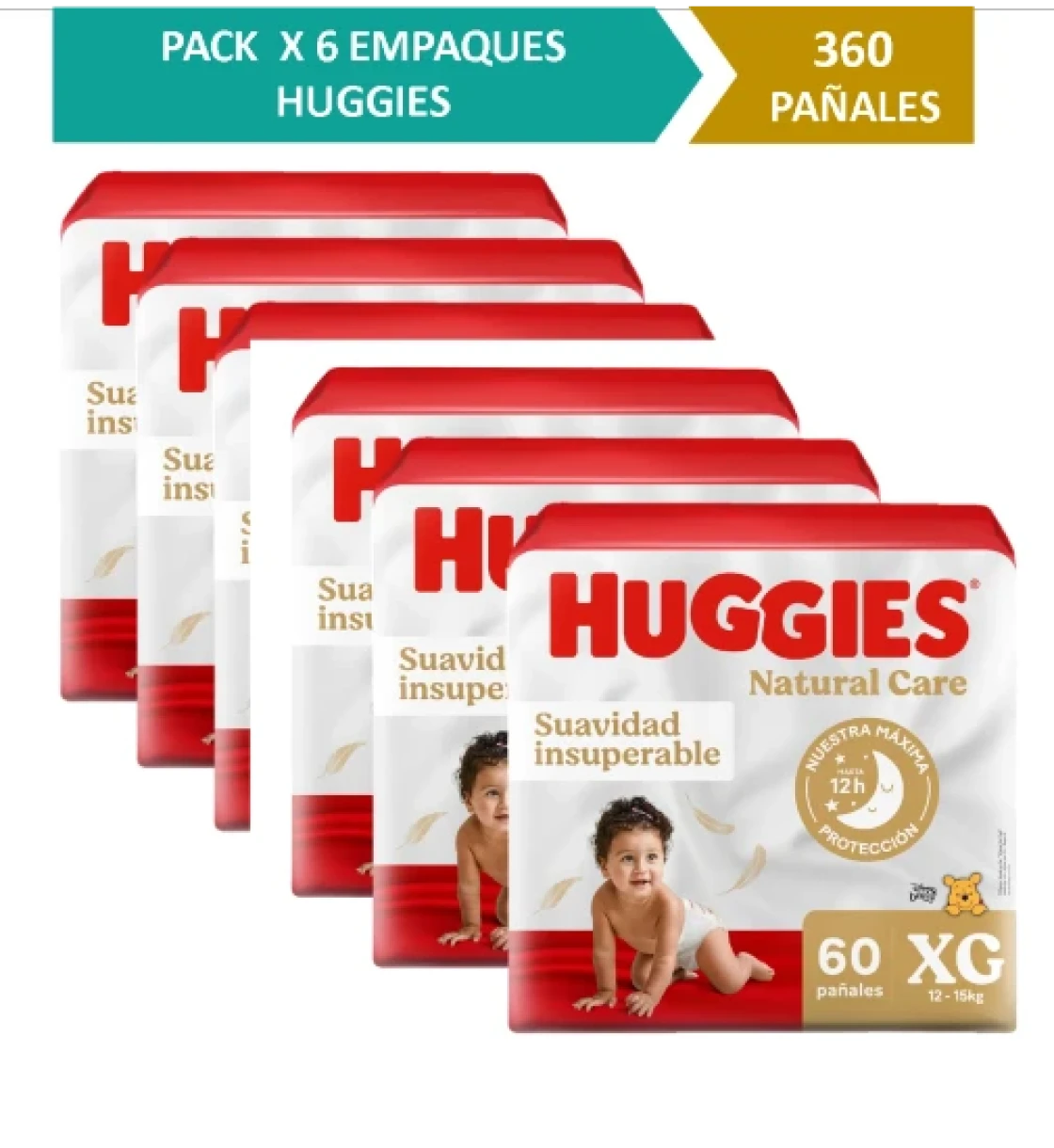 MEGA PACK HUGGIES Pañales Natural Care Talla XG lleva 6 Empaques